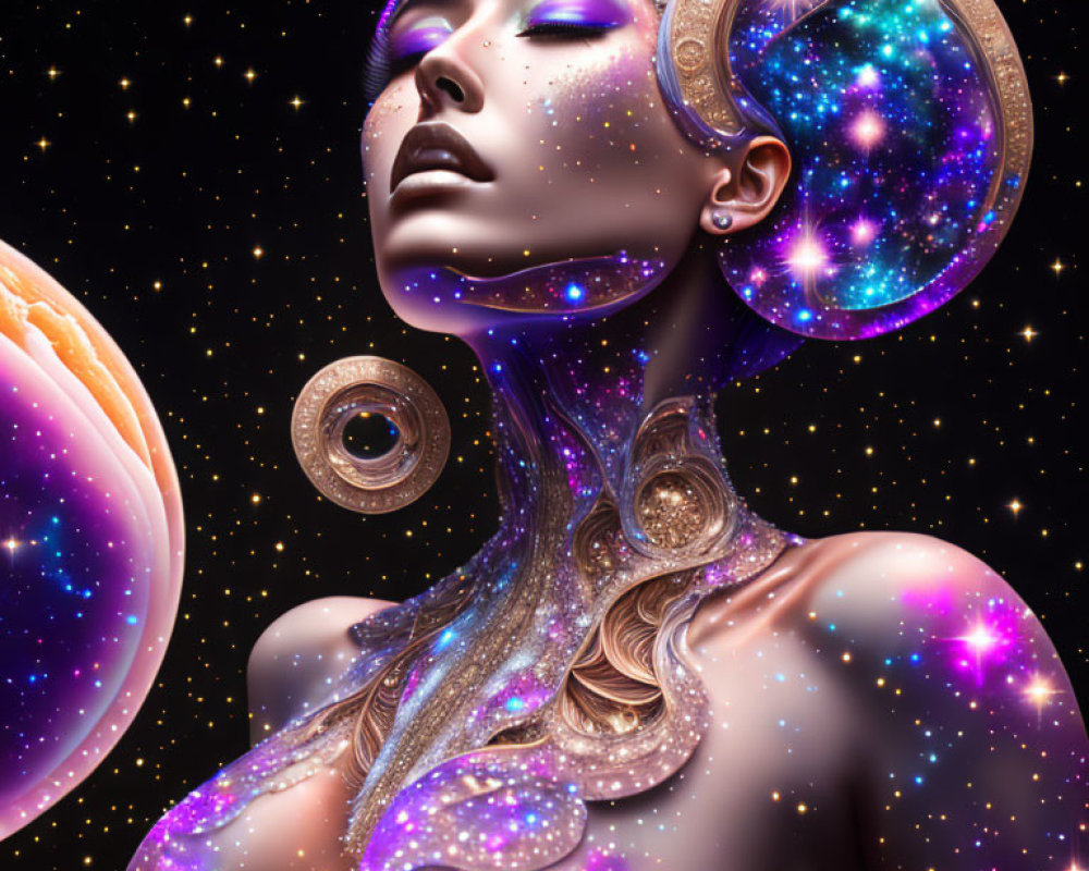 Celestial-themed digital artwork of a woman with cosmic features