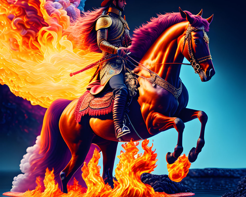 Knight on horseback through fiery scene with vibrant colors