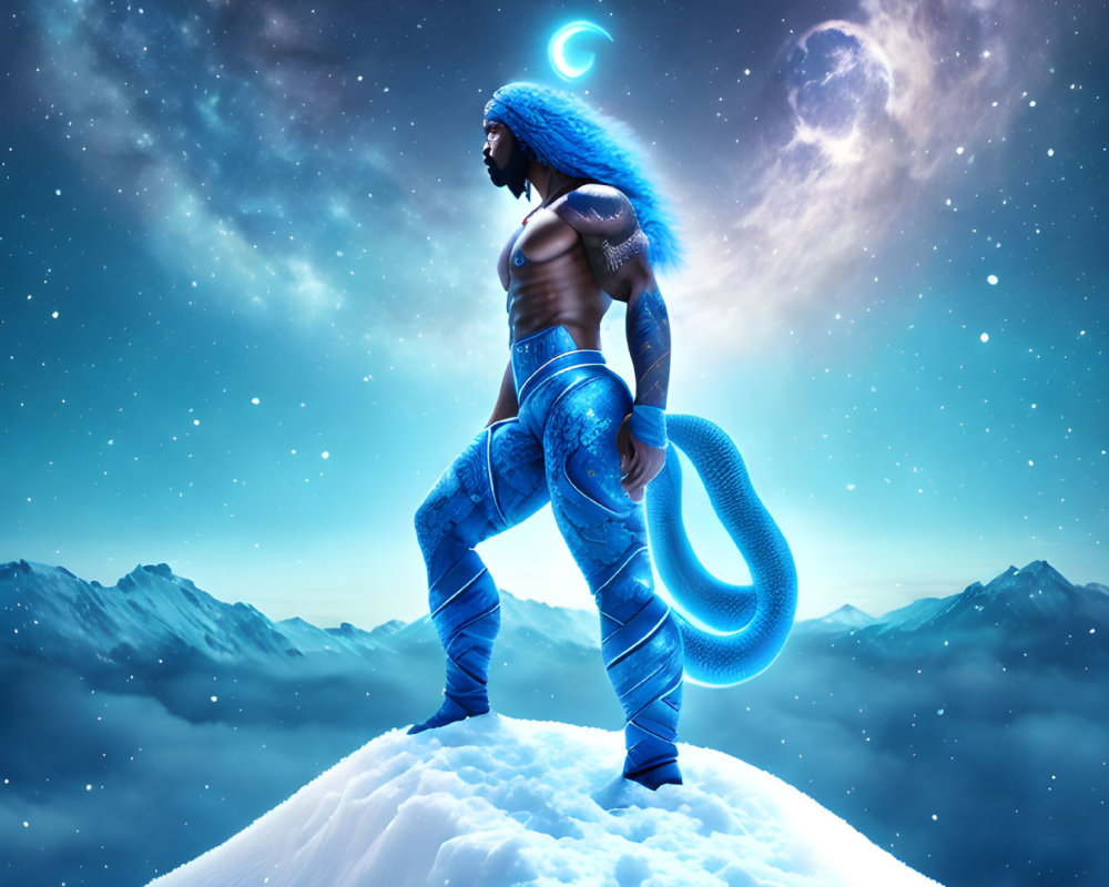Warrior in Blue Armor on Snowy Peak under Starry Sky