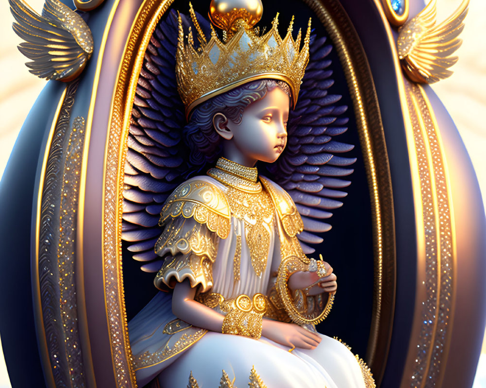 Golden-winged child figure in ornate attire - 3D illustration