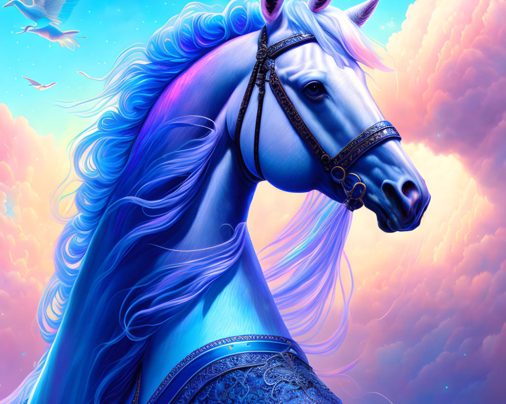 Colorful digital artwork: Blue horse with flowing mane in pink and blue sky