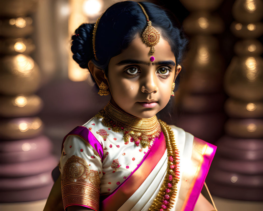 Traditional Indian Attire: Young Girl with Gold Jewelry & Intricate Hairstyle