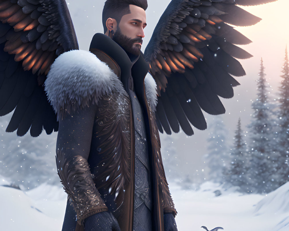 Man with dark hair, beard, black wings in snowy landscape with pine trees and flying bird.