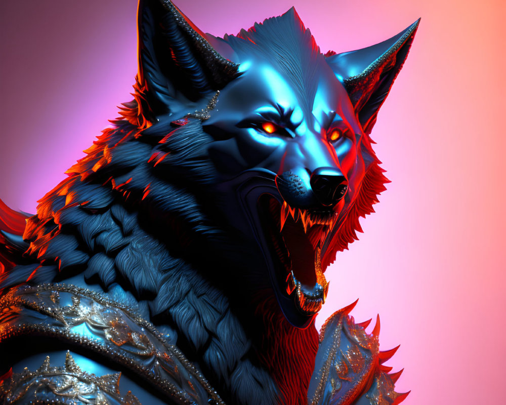 Colorful digital artwork: Snarling wolf in blue fur with orange accents and metallic armor on gradient