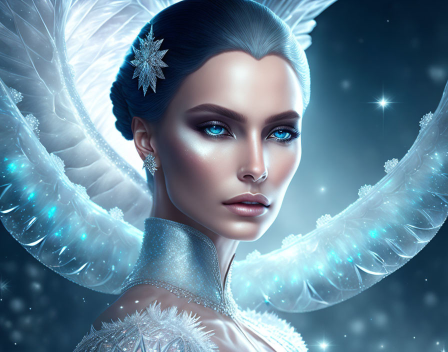 Digital artwork of woman with white wings, blue eyes, and frosty makeup in celestial setting