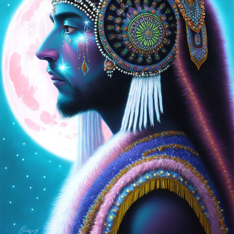 Profile portrait with tribal headgear and moon backdrop