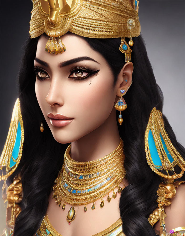 Digital portrait of a woman styled as an Egyptian queen with ornate gold jewelry and dramatic eye makeup