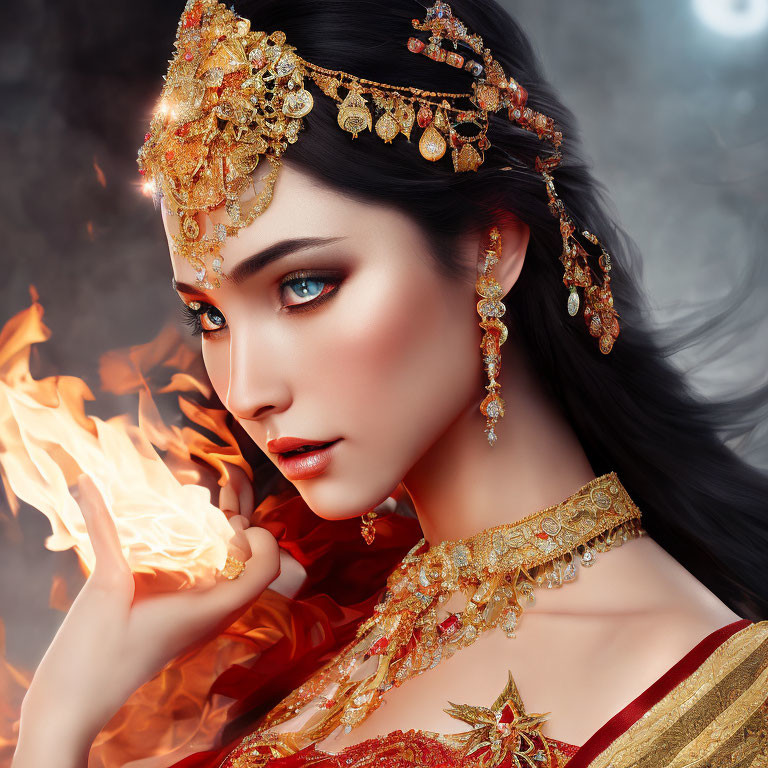 Illustration of woman with blue eyes, golden headdress, holding flame: mystique and power.