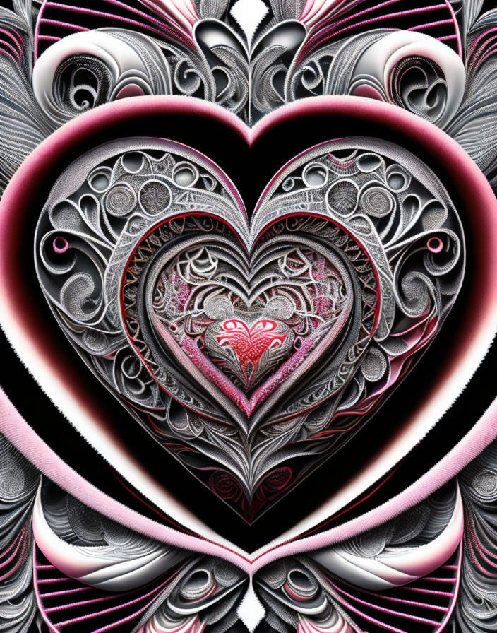 Fractal image of layered hearts in black, white, and pink swirls