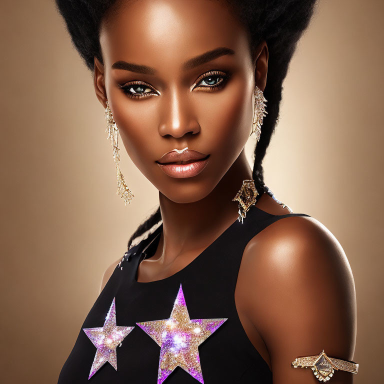 Striking-eyed woman with star-shaped accessories and elegant earrings on warm-toned background