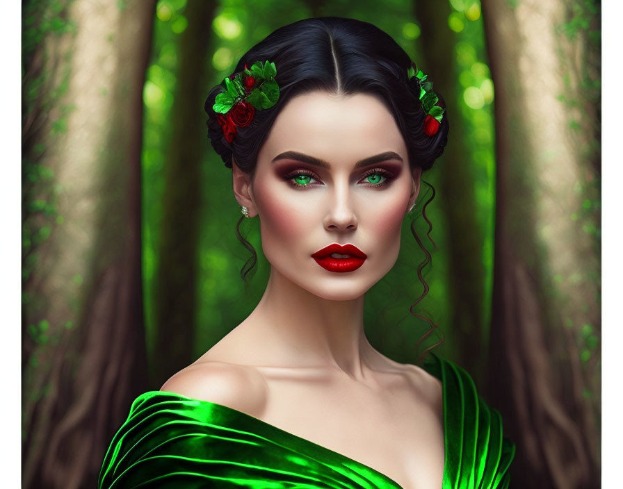 Dark-haired woman in green velvet dress with red flowers, bold makeup, forest backdrop