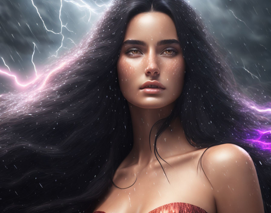 Digital Artwork: Woman with Long Flowing Hair in Stormy Background