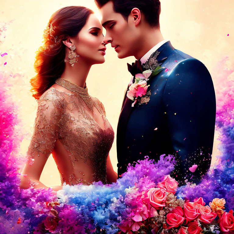 Romantic couple in elegant attire surrounded by vibrant flowers and dreamy backdrop