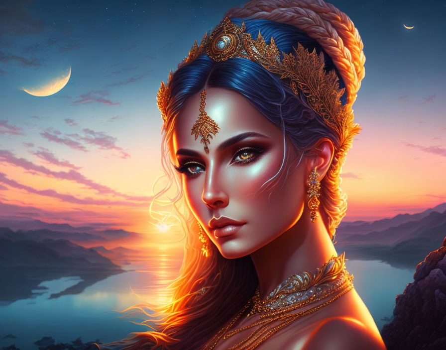 Digital artwork of woman with gold jewelry & headdress, blue facial markings, in surreal sunset landscape.