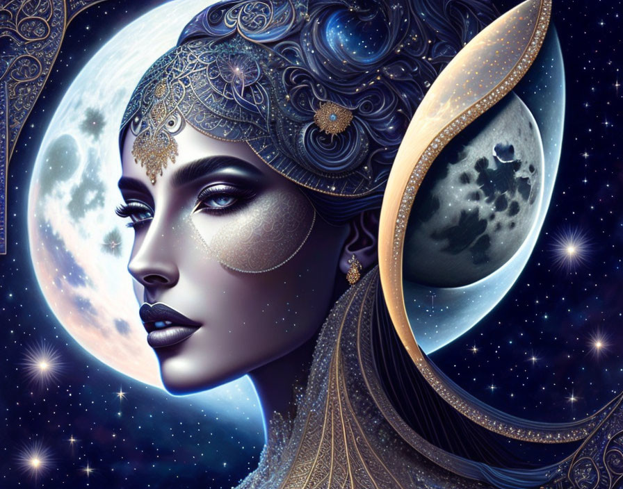 Digital artwork of woman merging with moon and night sky, adorned with celestial jewelry