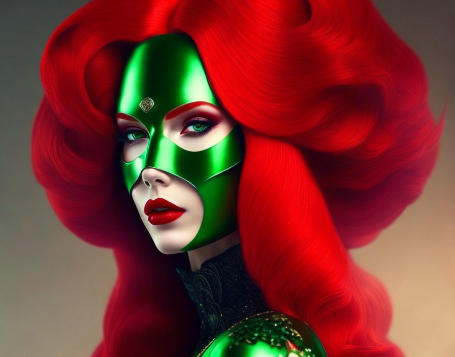 Vibrant red hair and green mask portrait with intricate detailing
