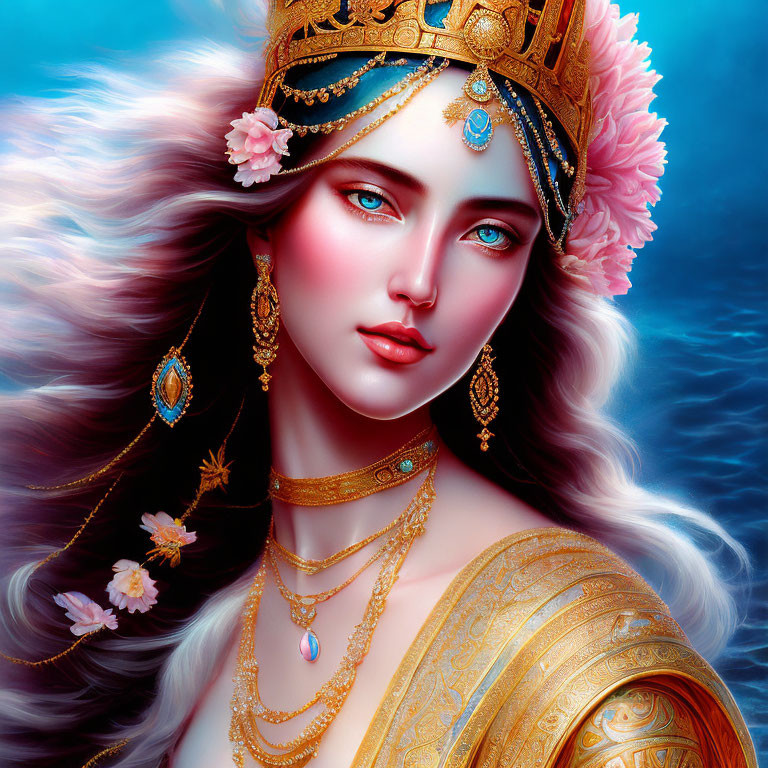 Digital artwork of a woman with white hair and blue eyes wearing a golden crown, set against a blue