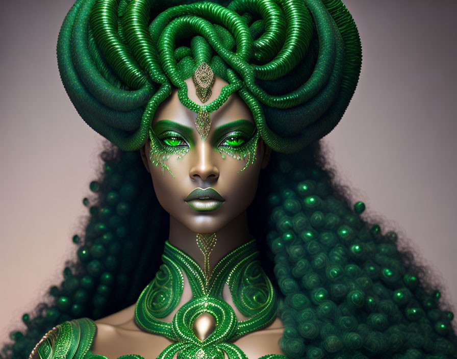 Green-skinned fantasy figure with emerald hair and intricate makeup on detailed bodice.