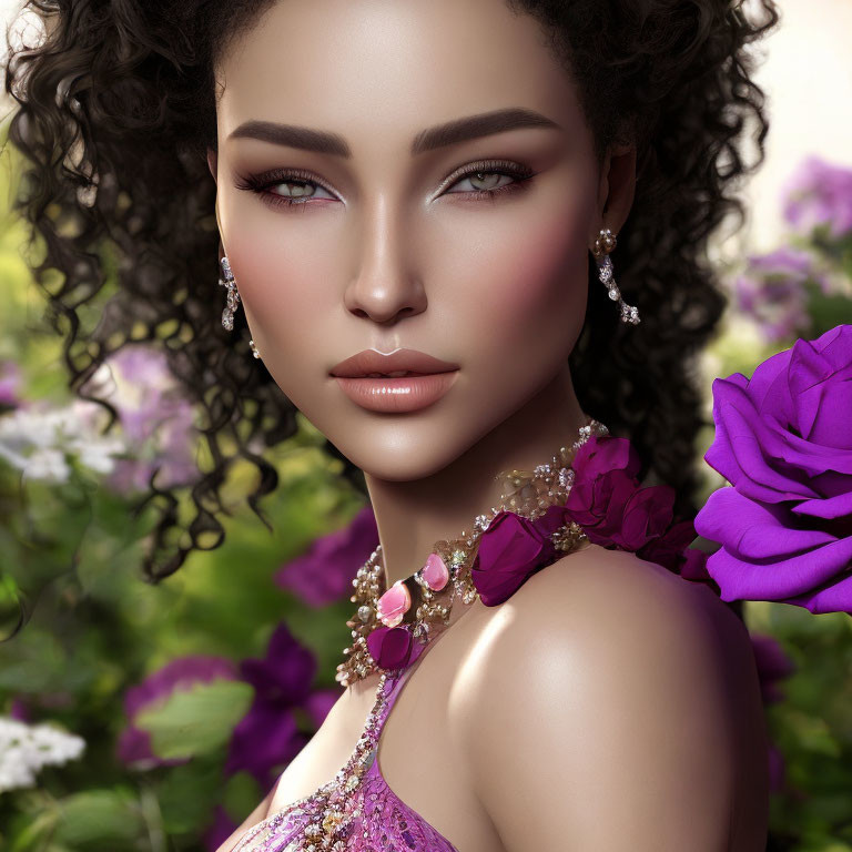 3D-rendered image: Woman with curly black hair and green eyes, wearing elegant jewelry, on