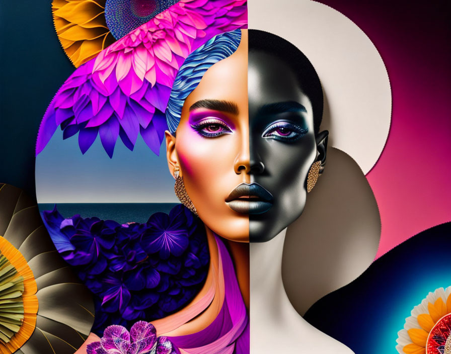 Vibrant digital art: stylized woman with striking makeup in colorful floral and geometric patterns