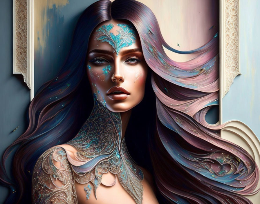 Intricate blue and gold face art on woman with flowing hair