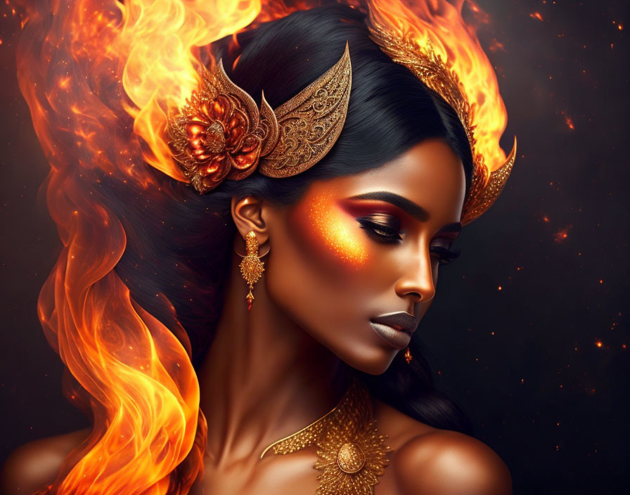 Digital Artwork: Woman with Golden Jewelry and Fiery Hair in Mythical Fantasy Theme