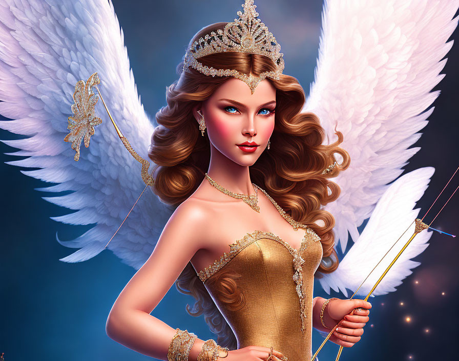 Illustration of woman with angel wings, golden crown, bow and arrow, against celestial backdrop