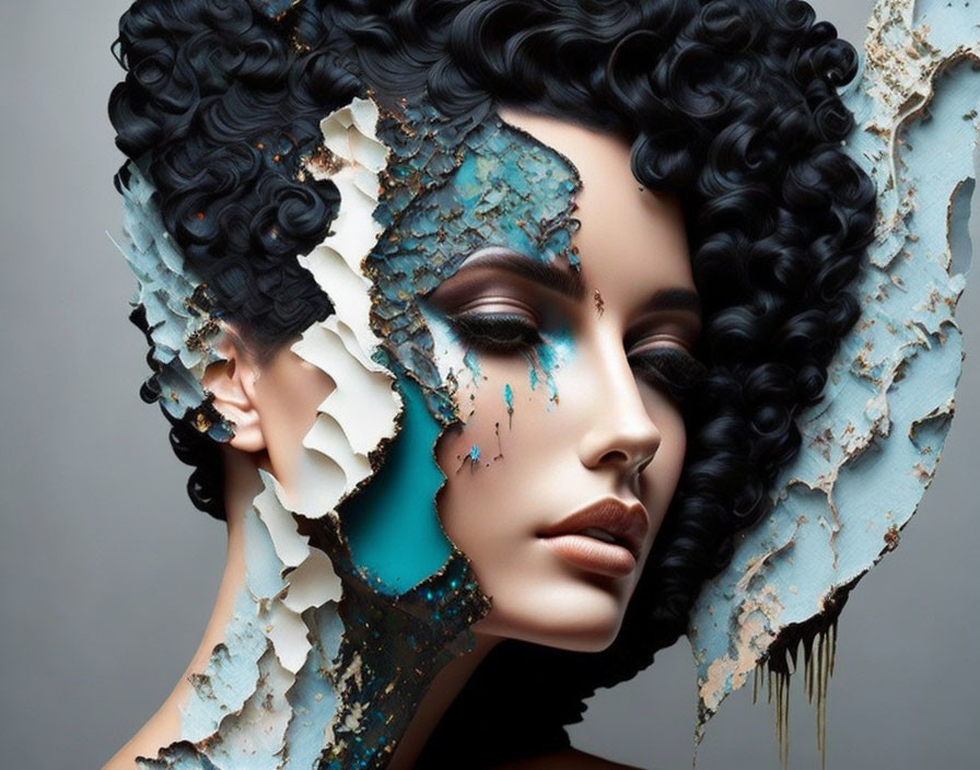 Artistic portrayal of woman with cracked porcelain facade revealing vibrant blue hues