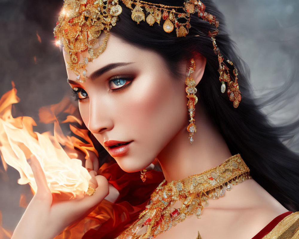 Illustration of woman with blue eyes, golden headdress, holding flame: mystique and power.