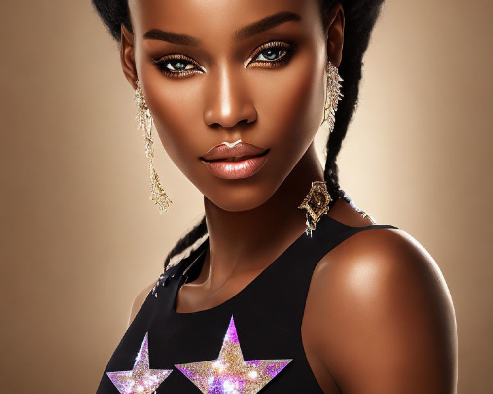 Striking-eyed woman with star-shaped accessories and elegant earrings on warm-toned background