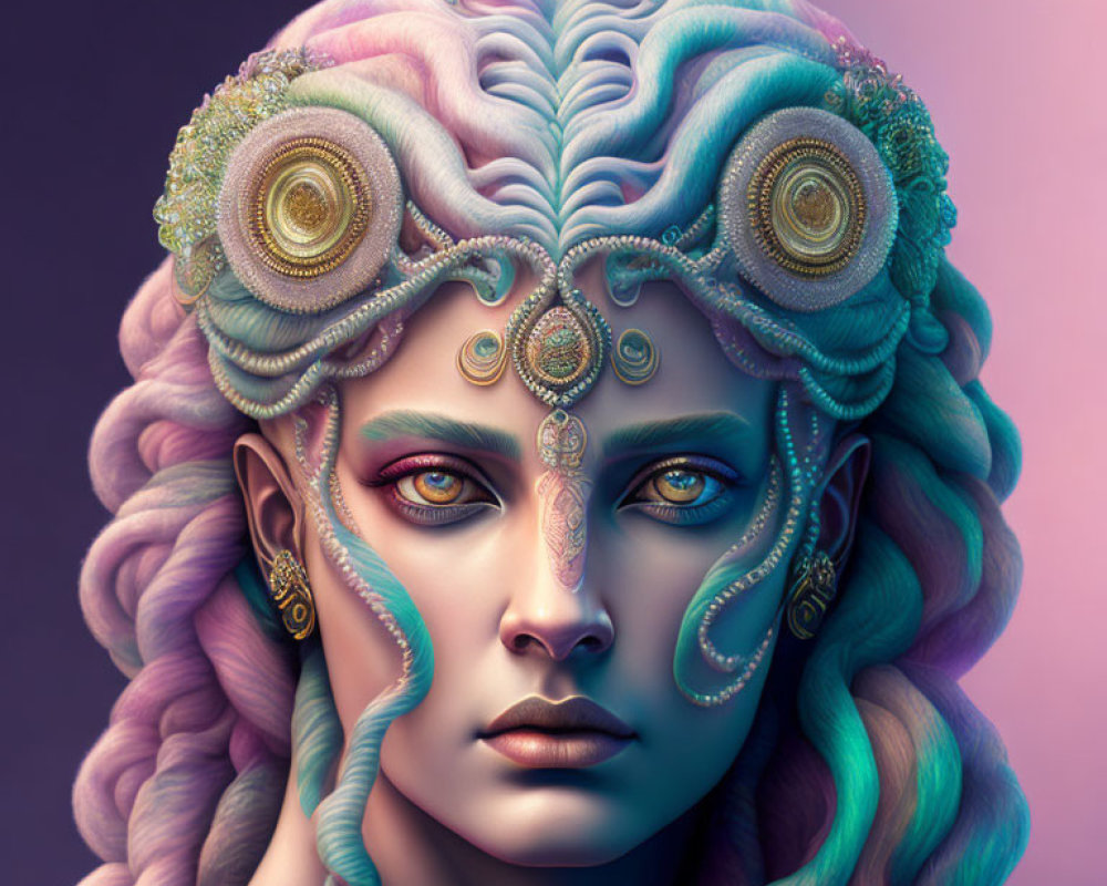 Elaborate Pastel-Colored Hair Fantasy Portrait in Split Pink and Purple Backdrop