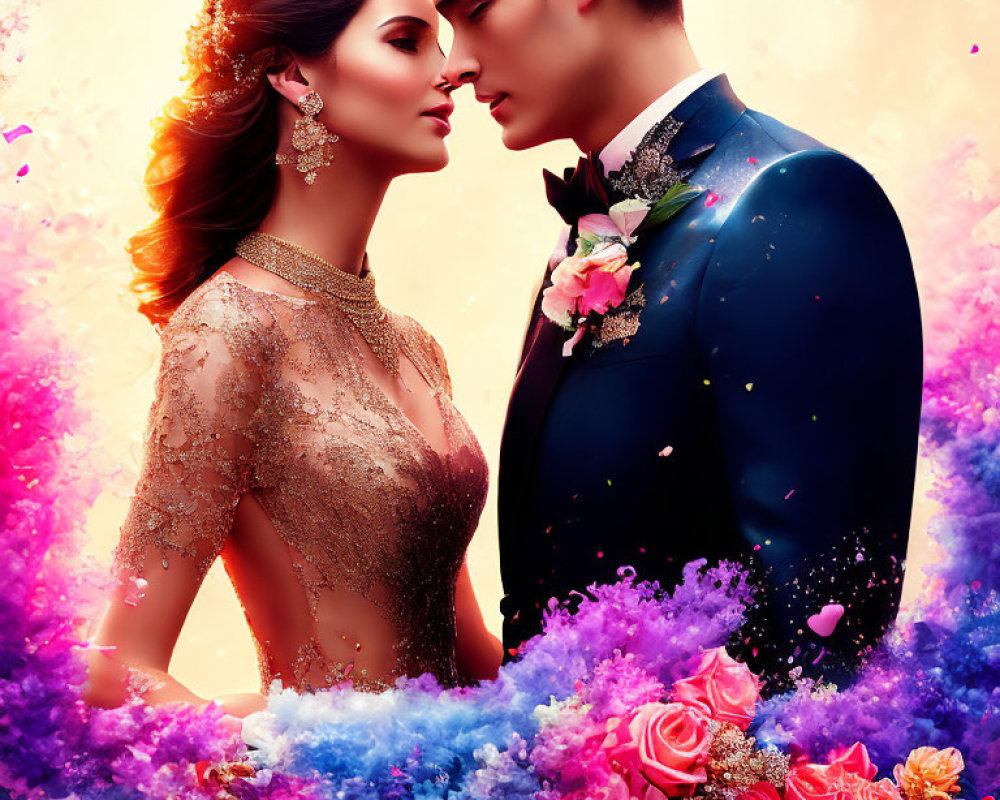Romantic couple in elegant attire surrounded by vibrant flowers and dreamy backdrop