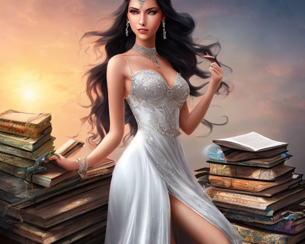Fantasy illustration of woman in white dress with crown near ancient books