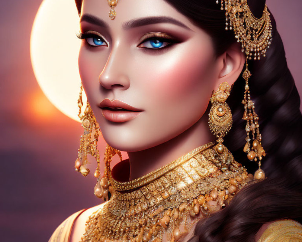 Intricate gold jewelry adorns woman in moonlit digital artwork