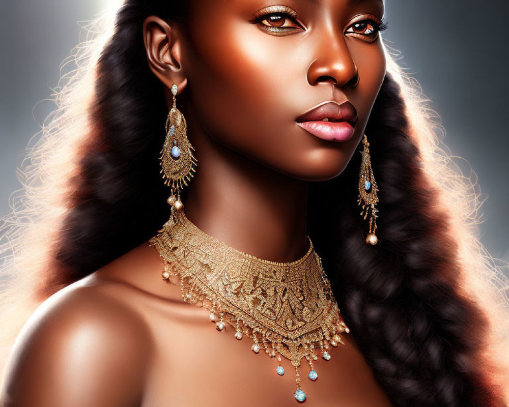 Woman's Portrait with Glowing Skin and Elegant Gold & Turquoise Jewelry