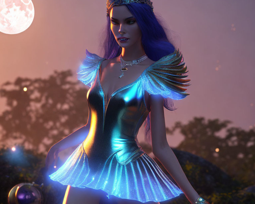 Blue-haired female figure in futuristic attire under full moon