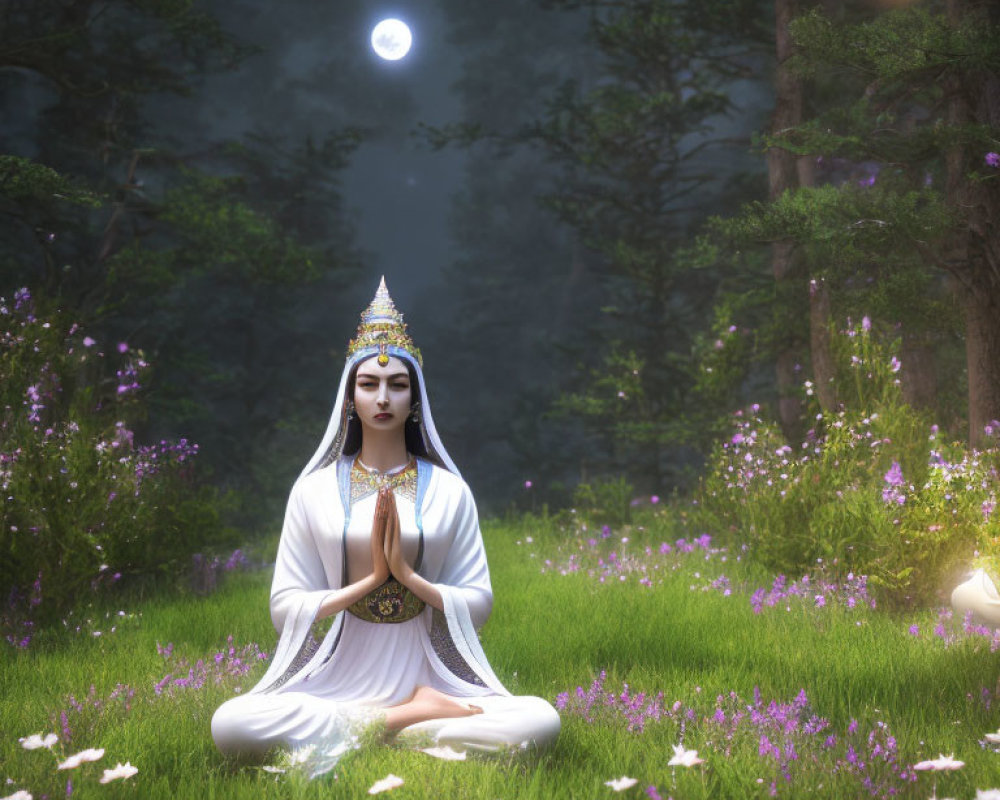 Mystical figure meditates in lush forest under moonlit sky