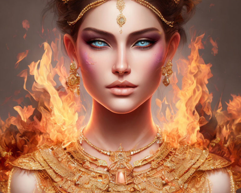 Digital portrait of woman with striking blue eyes and gold jewelry engulfed in flames