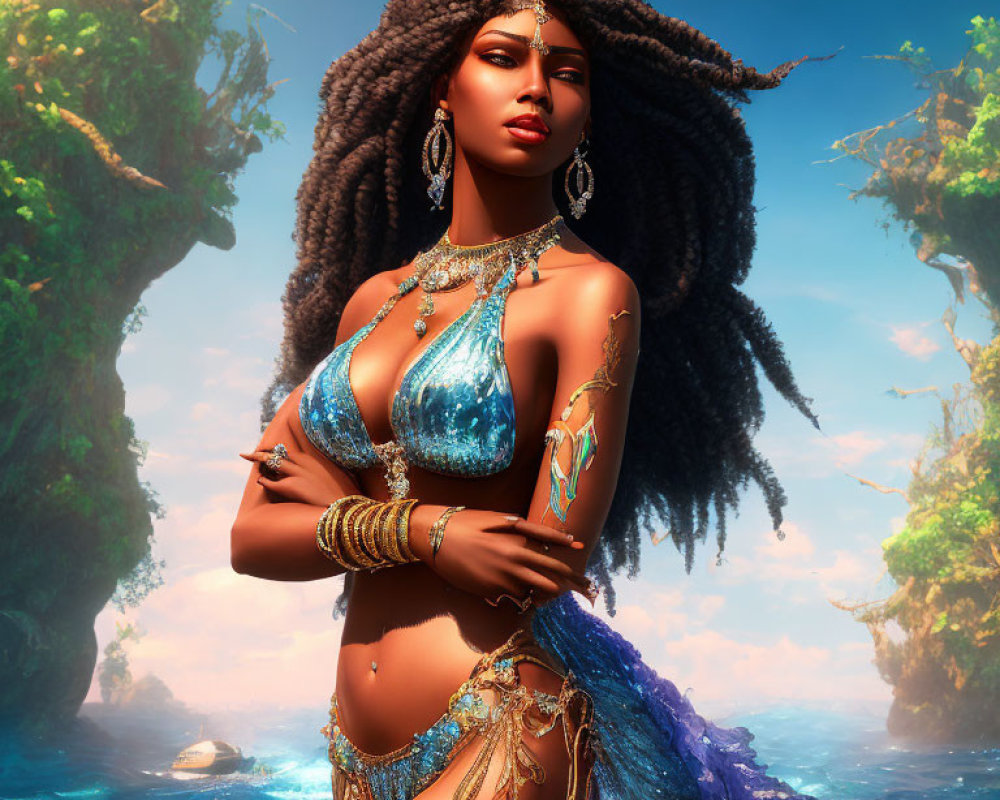 Digital art: Woman in ornate attire by tropical waters