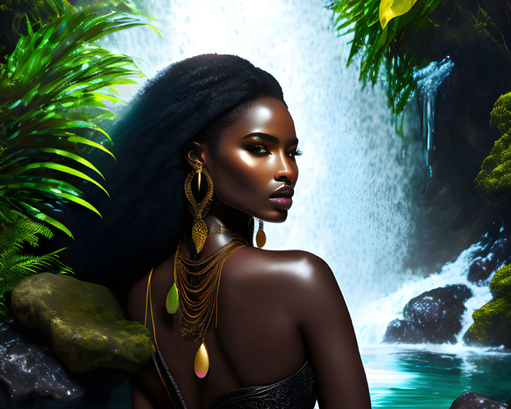 Woman in Black Outfit with Gold Jewelry by Jungle Waterfall