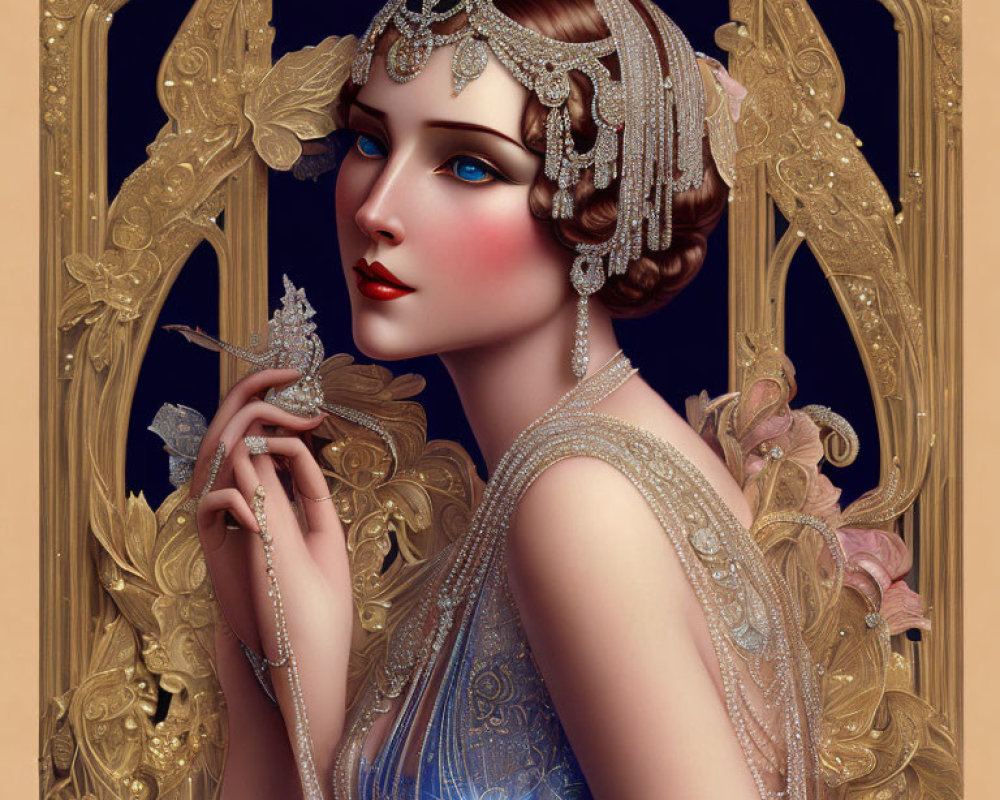 Art Nouveau Style Woman with Butterfly and Elaborate Jewelry