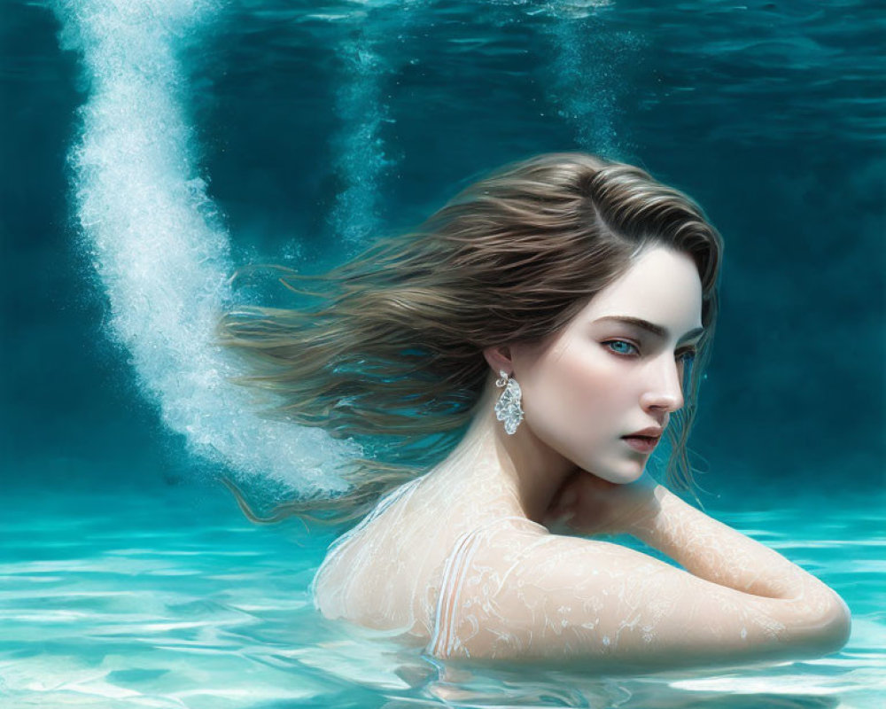 Woman with flowing hair and striking makeup emerges from tranquil blue water