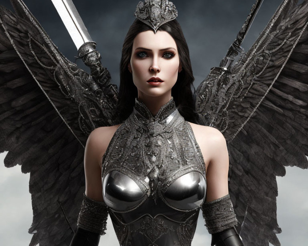 Digital artwork featuring woman with dark hair, crown, metallic armor, and feathered wings.