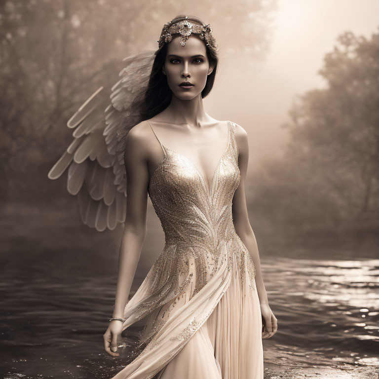 Woman in angel wings and golden dress standing in misty water