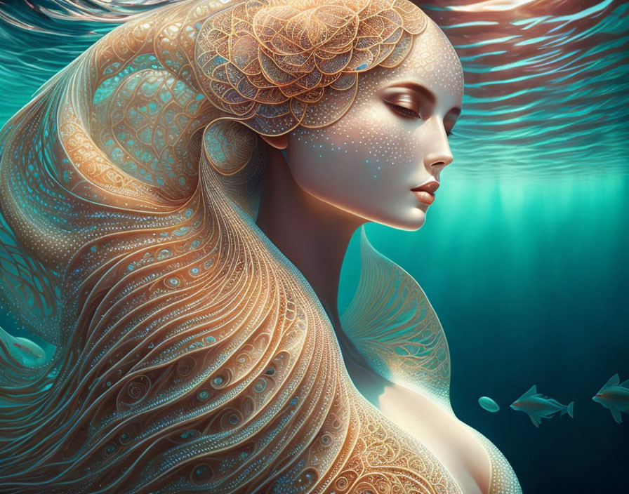 Illustration of woman with intricate hair patterns in water with swimming fish
