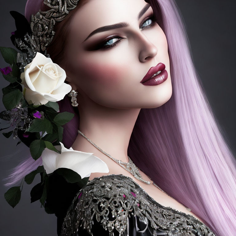 Purple-haired woman with bold makeup, floral accessory, ornate necklace, and dark attire