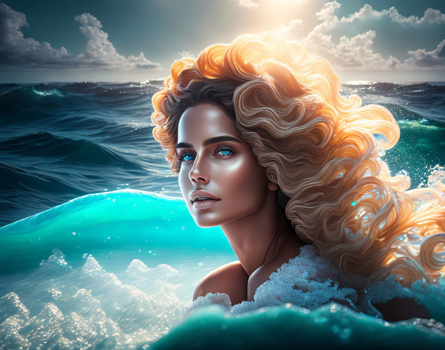 Digital artwork: Woman with golden hair merging with ocean waves under cloudy sky