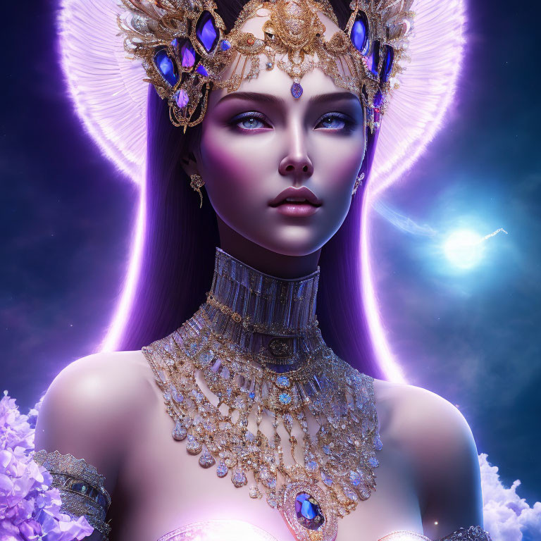 Regal woman in gold jewelry and crown on cosmic purple background