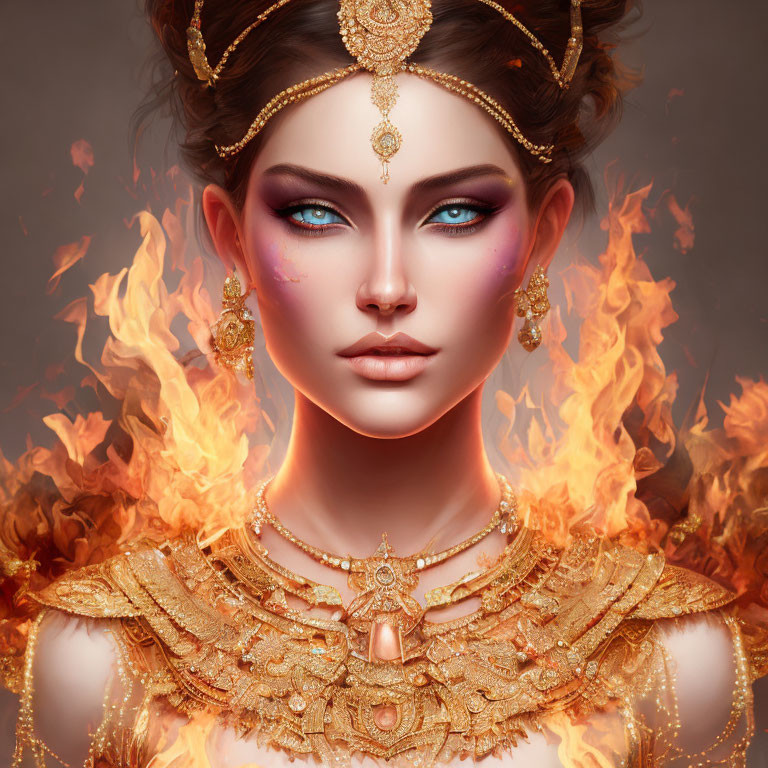 Digital portrait of woman with striking blue eyes and gold jewelry engulfed in flames