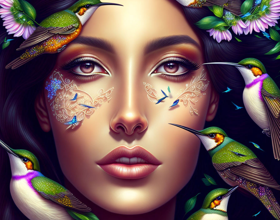 Woman's face illustration with hummingbirds, floral hair, and butterfly face paint.